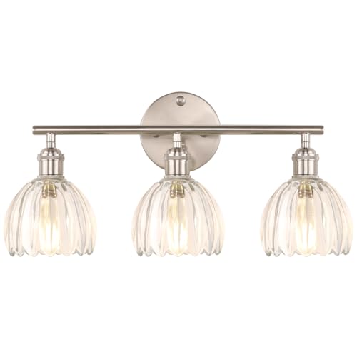 Shenmoyl Bathroom Light Fixtures, 3-Light Vanity wall Light Over Mirror with Clear Tulip Glass Shade for Bedroom Living Room (Bulb Not Included), Satin Nickel - color: Nickel Base-Clear, size: 3-light