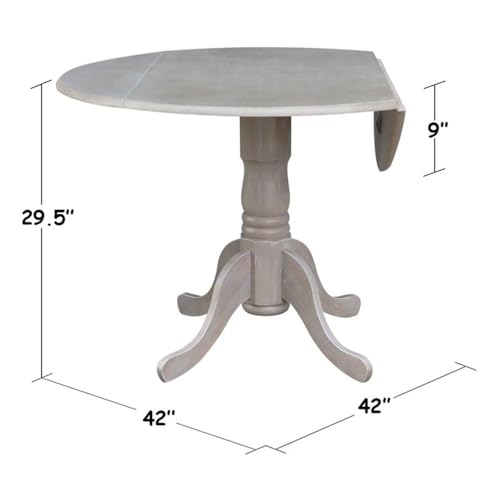 IC International Concepts, 42" Round Dual Drop Leaf Pedestal Dining Table, Solid Real Wood, Sturdy Parawood, Dimensions 42"D x 42"W x 29.5"H, 20mm thickness, 40lbs Weight Capacity, Washed Gray Taupe - color: Washed Gray Taupe