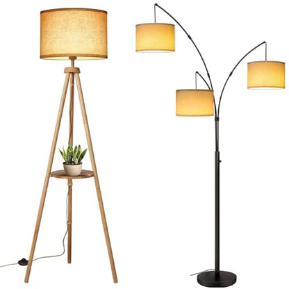 OUTON Wood Tripod Floor Lamp with Shelves and Arc Led Floor Lamp