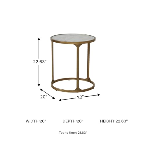 Signature Design by Ashley Korajane Round End Table, Gold, 20 Inch | 20x20x23 in round end table, 21.63 in under table space, Faux marble tempered glass top, Antique gold metal frame - color: Antique Gold