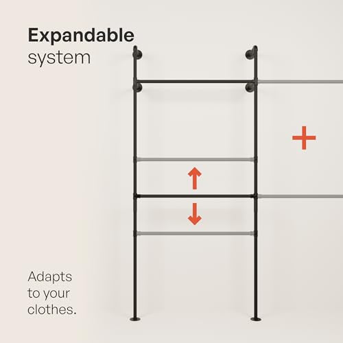 pamo Wall Mounted Clothing Rack with Oak Sheves – 117" W × 87" H, 1014 lbs | 5x Oak Shelves, Heavy Duty Closet Organizer, Powder Coated, Scratch-Resistant, Single Rod, Easy Assembly