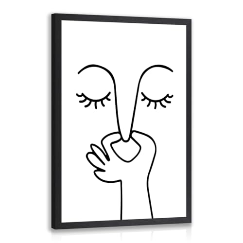 IAFWZX Wood Framed Funny Pinching Nose Bathroom Wall Art 16x24 in | Funny Black White Bathroom Wall Decor, Minimalist Face Line Art Print, Humorous Modern Decor for Restroom and Guest Bedroom - color: ManPinchingNose(Wood), size: 24"L x 16"W