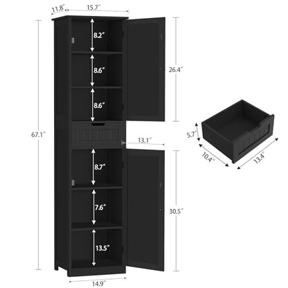 67" H Tall Storage Cabinet with 2 Doors and 1 Drawer, Narrow Black Cabinet with Adjustable Shelves, for Bathroom, Living Room, Entryway, Kitchen, Black - color: Black