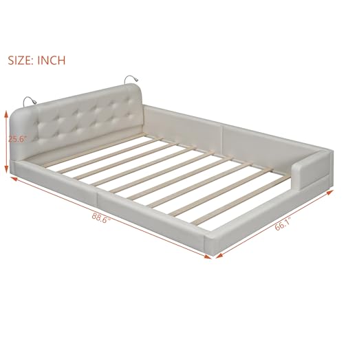 Merax Modern Tufted Plattform Bed with Headboard, Queen PU Leather Floor Day Bed Frame, No Box Spring Needed White - color: White / Pu, size: Queen