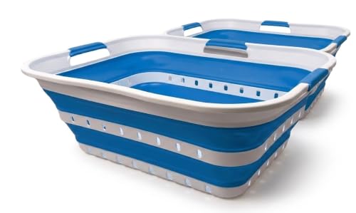 SAMMART 42L (11 gallon) Collapsible Plastic Laundry Basket - Foldable Pop Up Storage Container/Organizer - Portable Basket - Space Saving Hamper/Basket (2, Wt/Classic Blue) - color: Wt/Classic Blue