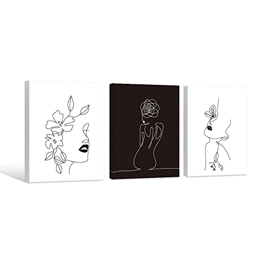 Chadow Artwork Minimalist Line Art Prints Set of 3 Abstract Women Faces Flower Wall Art Black and White Line Drawing Painting Modern Aesthetic Poster for Girls Bedroom Bathroom Living Room Decor - color: Minimalist Art（a）, size: 12x16Inchx3Pcs