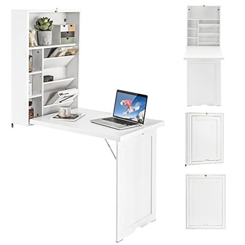 GOFLAME Wall Mounted Folding Desk, 3-Tier Tilt Storage Partition With Adjustable Shelves, Space-Saving Floating Laptop Desk, Convertible Writing Table for Home Office, White - color: White