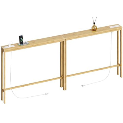 ELYKEN 2 Pack Bamboo Console Table, 5.9'' Narrow Sofa Table Behind Couch | Slim Skinny Hallway Table with Charging Station for Entryway, Living Room, Foyer, Entrance, 5.9 x 39.4 x 31.5in, Natural - color: Natural, size: 5.9"D x 78.8"W x 31.5"H