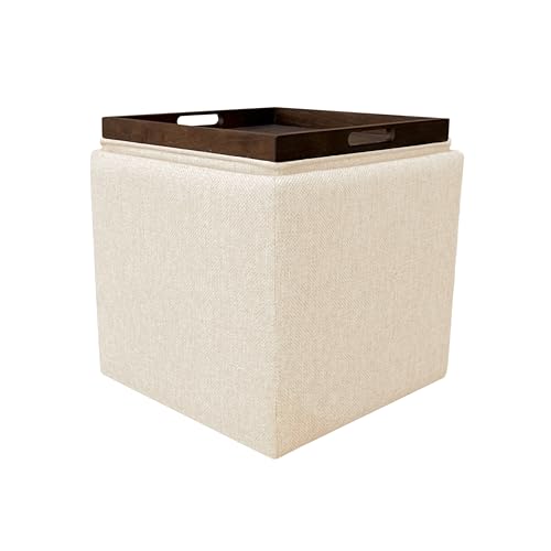 HomePop 17.5" Storage Ottoman with Tray Top - Cream Woven - color: Cream Woven