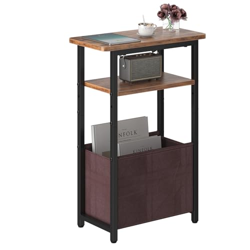 sthmec Narrow Side Table, Skinny End Tables with Fabric Basket, Small Side Tables for Small Space, 2-Tier Open Shelves with Basket, Slim Nightstands for Bedroom,Living Room,Office, Rustic Brown - color: Rustic Brown, size: Ordinary (15.75''D* 7.85''W* 25.
