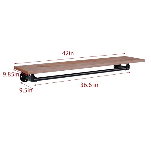 Clothes Rack 42in, Wall Mounted Garment Rack with Real Wood Shelf, Heavy Duty Hanging Clothes Rack, Multi-Purpose Hanging Rod, Space-Saving Closet Storage - color: Brown, size: 1T42IN