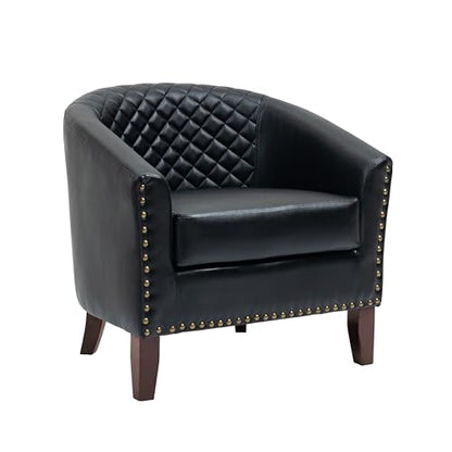 Faux Leather Accent Chair, Modern Barrel Club Chair, Black | Comfy Upholstered Armchair for Living Room, Round Club Chair Single Sofa Bedroom Reading Seat | 26"D*29"W*29"H - color: Black