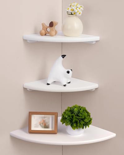 White Floating Corner Shelves, Set of 3 Corner Wall Shelves with Cable Hole Soild Wood Wall Storage Display Wall Mounted Shelves for Plants, Photos, Speakers, Living Room, Bedroom, Bathroom, Kitchen - color: White, size: 9/10/12/in 3-Pack