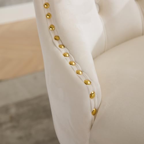 KEIKI Upholstered Velvet Dining Chair, Mid-Century Tufted Accent Seat | with Golden Solid Wood Legs for Dining Room Kitchen Room, Milk White - color: Milk White