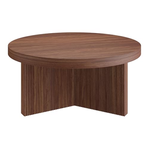 Henn&Hart 32" Scandinavian Fluted Coffee Table, Medium Walnut | Ribbed pedestal base and low profile bring Scandinavian style to small spaces including living rooms or family rooms - color: Medium Walnut, size: 32 inches