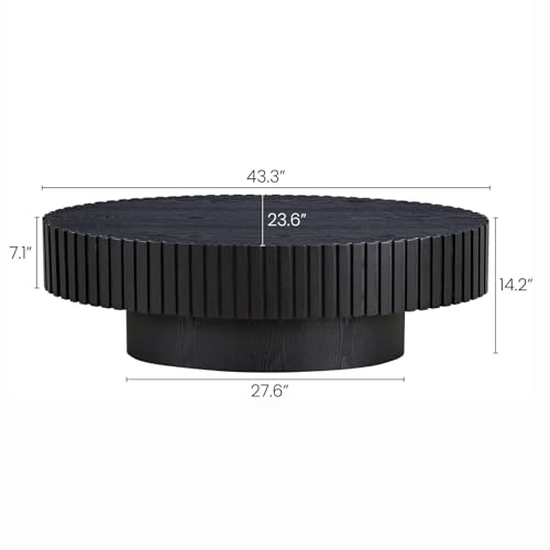 Oval Drum Fluted Coffee Table (A) | Modern Wood Coffee Table with Oval Pedestal Center Tables Fluted Accent Tea Tables for Apartment Living Room - color: A