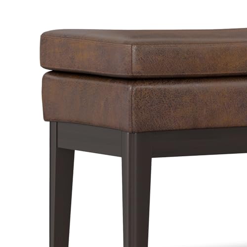 SIMPLIHOME Carlson 45" Wide Vegan Leather Rectangle Ottoman in Brown | Distressed chestnut brown, mid-century modern ottoman bench with a padded seat; footstool, footrest, or bedroom bench. - color: Distressed Chestnut Brown, style: Ottoman Bench