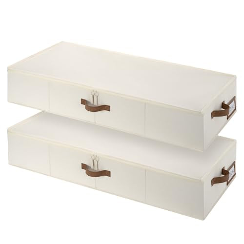 StorageWorks 7 Inch Low Profile Under Bed Clothes Storage Bins with Lids | Reinforced Structure, Resists Sagging, Handles & Label Holder, Foldable Stackable Closet Storage for Clothes, Blankets, Toys - color: Beige, size: 38.5"L × 17"W × 6.75"H