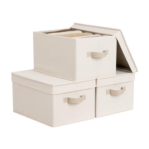 StorageWorks Storage Bins with Lids, Storage Basket with Lid, Closet Bins | Lidded Dust-proof, Easy Pull Handles, Foldable, Stackable, Ideal for Clothes Blanket Towel, Large, Cream White, 3-Pack - color: Cream White, size: Large