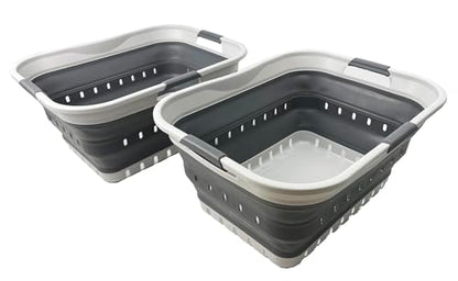 SAMMART 42L (11 gallon) Collapsible Plastic Laundry Basket - Foldable Pop Up Storage Container/Organizer - Portable Basket - Space Saving Hamper/Basket (2, Grey/Steel Grey) - color: Grey/Steel Grey