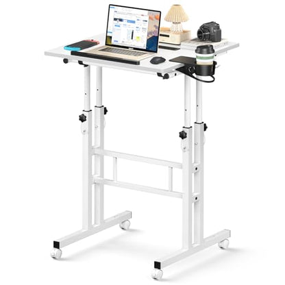 Enayplon Small Standing Desk with Wheels, Mobile Stand Up Desk, Portable Standing Table on Wheels for Walking Pad, Rolling Computer Desk Adjustable Height, Tall Table - color: White