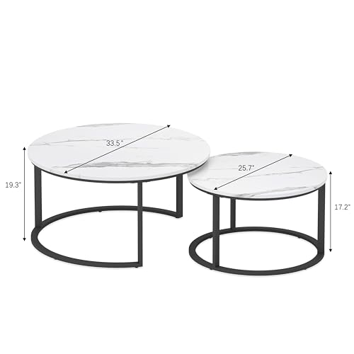 WiberWi Round Coffee Table Nesting Tables Set of 2, Large : Ø 33.5", Small : Ø 25.7", Modern Design Coffee Tables for Living Room, Metal Frame Circle Cocktail Table, High Glossy Faux White Marble - color: White Top&black Frame