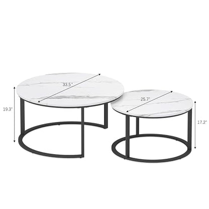 WiberWi Round Coffee Table Nesting Tables Set of 2, Large : Ø 33.5", Small : Ø 25.7", Modern Design Coffee Tables for Living Room, Metal Frame Circle Cocktail Table, High Glossy Faux White Marble - color: White Top&black Frame