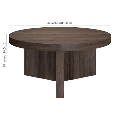 Henn&Hart 32" Scandinavian Fluted Coffee Table, Rich Brown | Ribbed pedestal base and low profile bring Scandinavian style to small spaces including living rooms or family rooms - color: Rich Brown, size: 32 inches