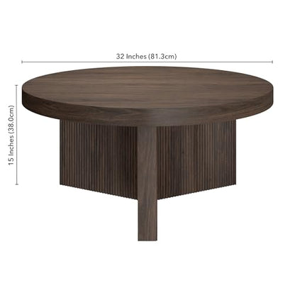 Henn&Hart 32" Scandinavian Fluted Coffee Table, Rich Brown | Ribbed pedestal base and low profile bring Scandinavian style to small spaces including living rooms or family rooms - color: Rich Brown, size: 32 inches