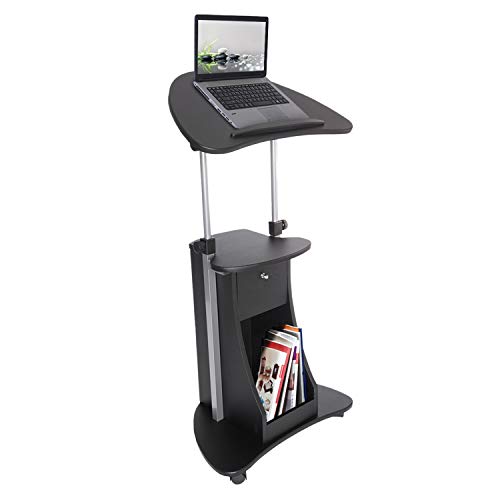 Techni Mobili Adjustable Height Rolling Laptop Cart with Storage, Black | Adjustable height rolling laptop cart with storage, open shelf, wheels, sit‑to‑stand ideal for podium office medical use - color: Black