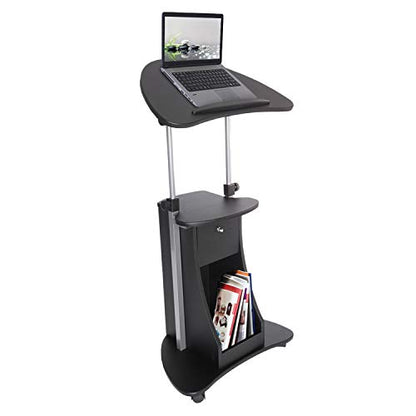 Techni Mobili Adjustable Height Rolling Laptop Cart with Storage, Black | Adjustable height rolling laptop cart with storage, open shelf, wheels, sit‑to‑stand ideal for podium office medical use - color: Black