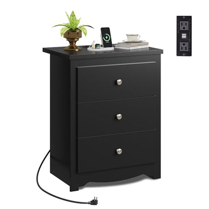 WLIVE Tall Nightstand with Charging Station, Wood Bedside Table, Black | 3 Drawers Storage, Power Outlets(2AC+2USB), Easy Assembly, Premium Eco-friendly Wood, Black Night Stand for Bedroom - color: Black