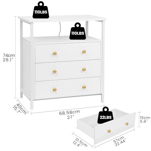 Edbuosy 27" Wide Nightstand with Charging Station & 3 Drawer, White | Small Dresser for Closet, 2 AC Outlets & 2 USB Ports, Open Shelf, Adjustable Feet, Wood Nightstand for Living Room or Bedroom - color: White, size: 3 Drawer