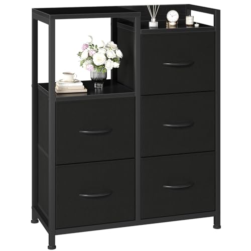 OLIXIS Fabric Dresser, 5 Drawer Storage Tower with Open Shelf, Black | Fabric Storage Dresser Features 5 Drawers, Open Shelf and Side Cabinet, Organizer for Bedroom, Closet, Hallway & Entryway - color: Black