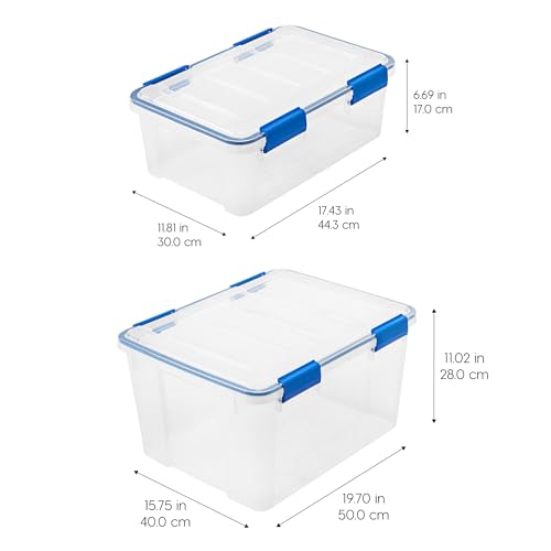 IRIS USA 4-Pack 26.5/44 Combo Qt Storage Bins with Gasket Lids, Clear/Blue | WeatherPro seal helps block dust and moisture Multiple sizes organize every room with confidence - size: 27 & 44 Qt. Combo