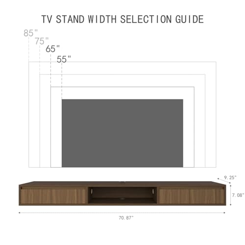 70" Floating TV Stand, Wall Mounted Media Console for 85 TV | Heavy-Duty 11-Layer Plywood Floating Tv Console with Soft Close Drop Down Door, Anti-Sag Entertainment Center - size: 70 In