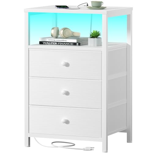 BOLUO White Night Stand with 3 Fabric Drawers, Nightstand with Charging Station LED Nightstand for Bedroom, Bedside Table with USB Ports and Outlets Modern - color: A.white, size: 11.8"D x 15.7"W x 28"H(3 drawers)