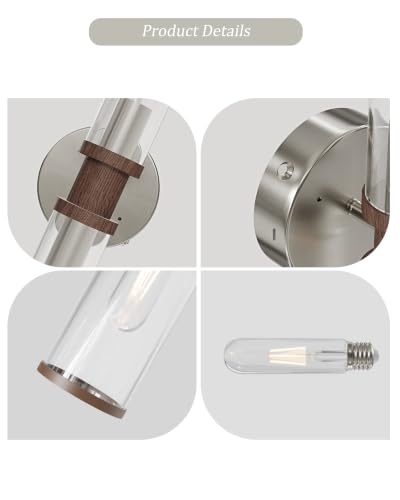 Rayogale Nickel & Walnut Wireless Battery Operated Wall Sconces with Remote | Glass Rechargeable Wall Lights Set of 2 with Timer Function Dimmable for Living Room Bedroom Emergency 3000K, 20.5 Inch - color: Nickel & Walnut(Clear Tubular Lampshade)