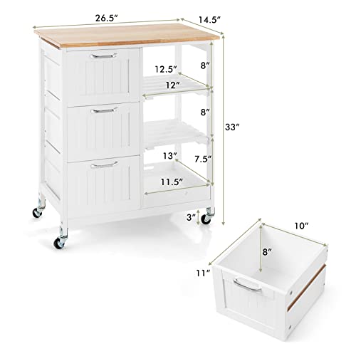 COSTWAY Kitchen Storage Island Cart on Wheels, Kitchen Rolling Trolley Cart | with 3 Drawers and Shelves, 360° Wheels & Detachable Tray, Kitchen Island for Dining Room, Living Room & Bedroom - color: White