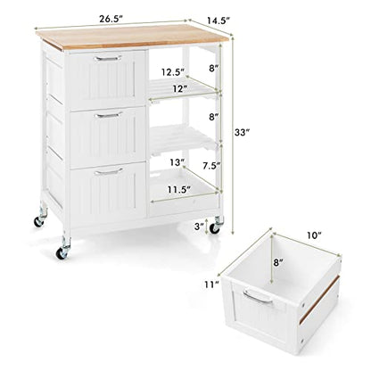 COSTWAY Kitchen Storage Island Cart on Wheels, Kitchen Rolling Trolley Cart | with 3 Drawers and Shelves, 360° Wheels & Detachable Tray, Kitchen Island for Dining Room, Living Room & Bedroom - color: White