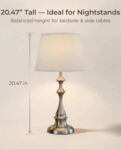 Touch Table Lamps Set of 2, 20.47" Rustic Bedside Lamps for Night Stand | Silver Brushed Nickel Metal, White Linen Shade, Farmhouse Nightstand Light for Bedroom, Living Room End Table, Entryway