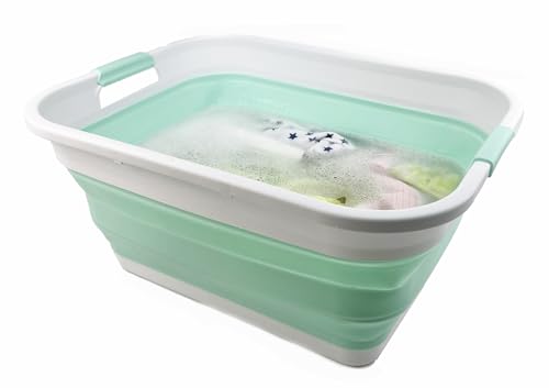 SAMMART 41L (10.8 gallons) Collapsible Plastic Laundry Washing Tub/Basket-Foldable Pop Up Storage Container/Organizer-Portable Laundry Hamper-Space Saving (1, White/Pale Jade) - color: White/Pale Jade