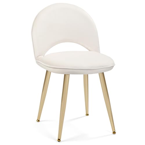 Vanity Chair with Adjustable Backrest, Velvet Upholstery Armless Makeup Stool, White Vanity Stool with Gold Metal Legs for Bedroom Living Room Kitchen Dinning Room (Velvet White) - color: Gold and Off White