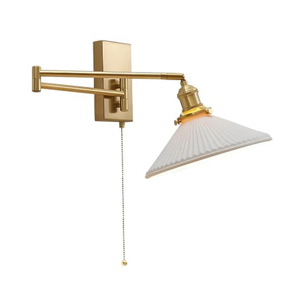 Milk Glass Wall Sconce, Brushed Gold Swing Arm Lamp with Pull Chain | with milk glass shade; 180° adjustable arm for bedroom reading and vanity lighting; E26 - color: A-1Pack