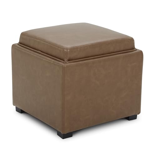 CHITA Storage Ottoman Cube with Tray Lid, Small Footstool with Storage, Square End Table for Living Room and Bedroom, Faux Leather in Saddle Brown - color: Saddle Brown