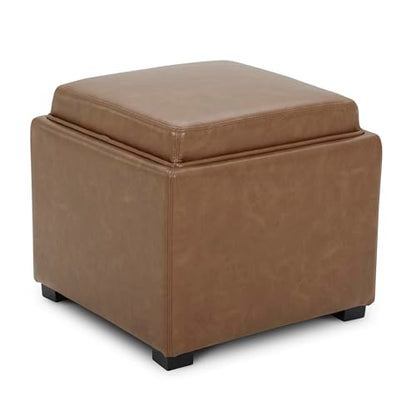 CHITA Storage Ottoman Cube with Tray Lid, Small Footstool with Storage, Square End Table for Living Room and Bedroom, Faux Leather in Saddle Brown - color: Saddle Brown