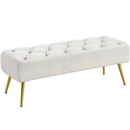 Yaheetech 45in Upholstered Boucle Ottoman Bench Seat with Gold Legs, Ivory | Tufted Upholstered Bench Seat, Bed Bench with Tapered Gold Metal Legs, Sized for Window Seat Entryway Living Room - color: Ivory