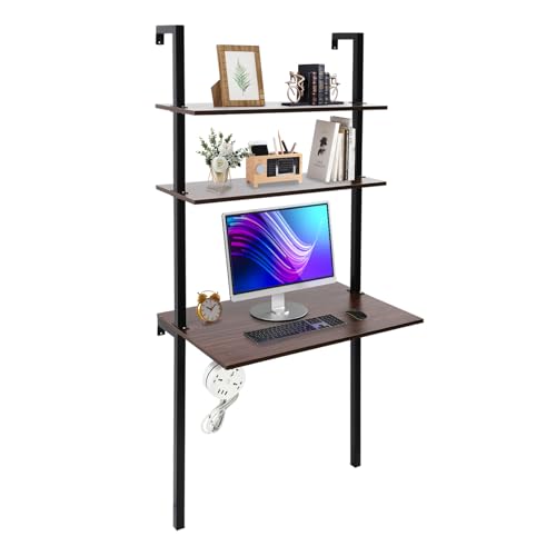Industrial Wall Mount Desk, 3-Tier Ladder Computer Desk, 30inch Floating Computer Writing Table with Storage Shelves for Home Office Small Spaces (Brown+Black) - color: Brown+black