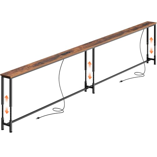 Huuger 118.1 Inch Sofa Table with Power Outlets, 23.9’’-34.4’’ Height Adjustable Range, Behind Couch Table with USB-C Ports, Sofa Tables Narrow Long, Skinny Console Table, Small Spaces, Rustic Brown - color: Rustic Brown, size: 118.1''W x 23.9''-34.4''H