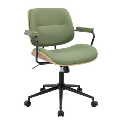 Mid Century Modern Office Chair with Armrest and Adjustable Backrest, Green | Wooden frame with armrests & adjustable backrest, swivel & height-adjustable, PU leather seat for home office comfort - color: Green